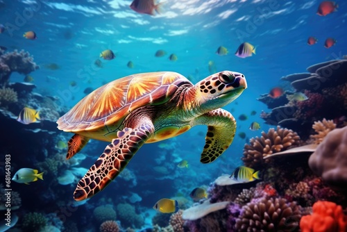 Green sea turtle swimming in the coral reef. Underwater world, Beautiful turtle swimming among fishes in blue water of ocean, AI Generated © Ifti Digital