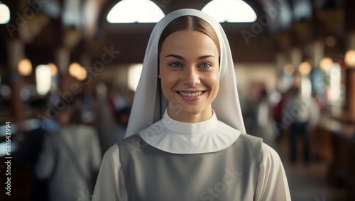 The Joyful Nun: A Woman Radiating Happiness and Serenity in Her Traditional Habit photo