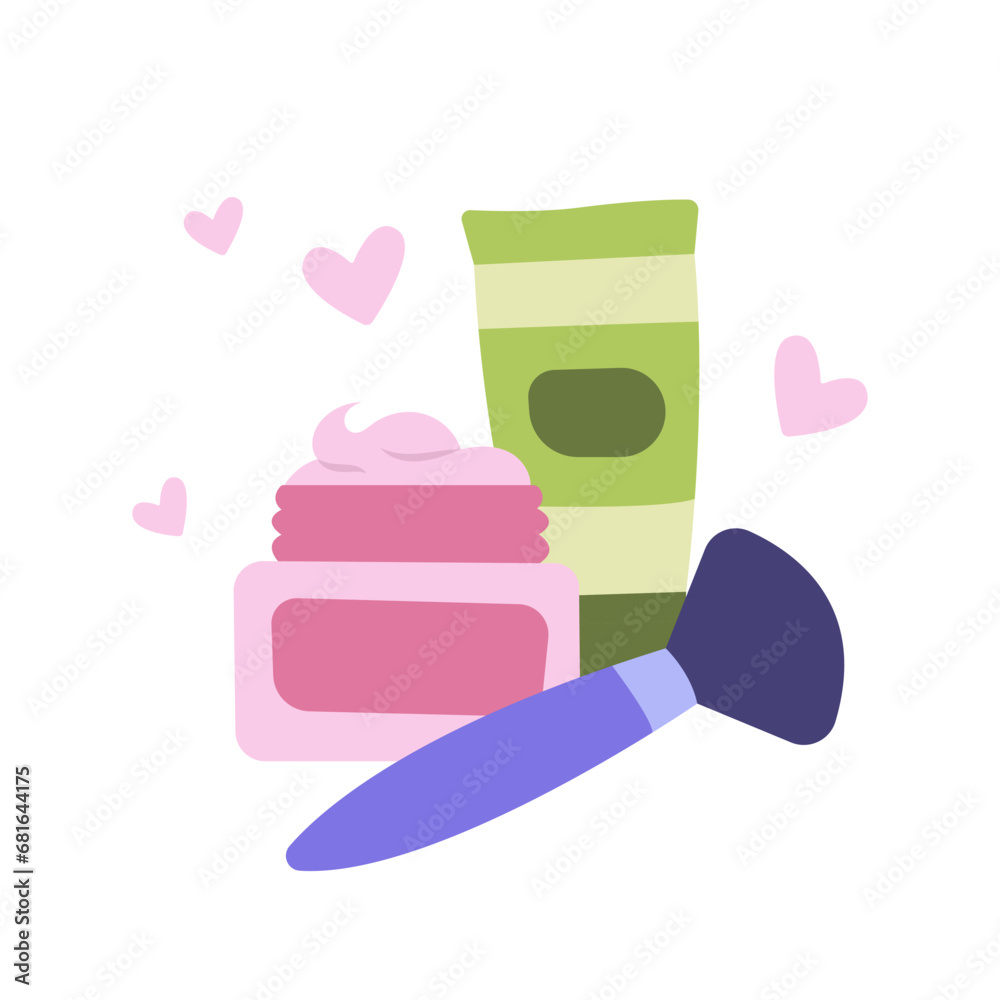 Simple flat illustration with a set of cosmetics for makeup and skin care