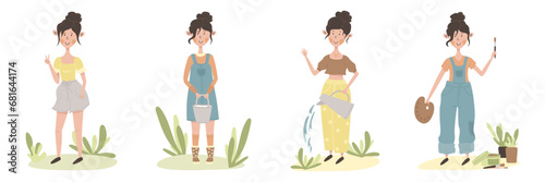 Female characters are engaged in household activities and domestic hobbies