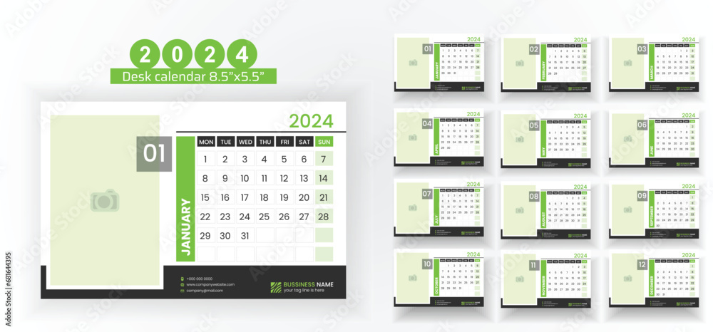 2024 Desk Calendar Planner Templates for a company or home. Simple full page calendar in vector format with Monday as the start of the week. 2024 Desk Calendar Planner Templates for a company or home. Simple full page calendar in vector format with Monday as the start of the week.