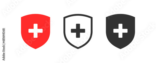 Red medicine shield icon. Cross protection symbol. Care security. Hospital badge. Health aid sign. Vector illustration.