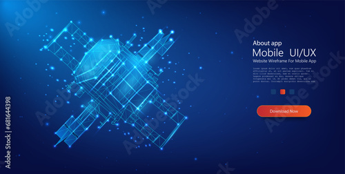 Polygonal Space Satellite Glowing on Starry Sky Background. Space orbital satellite on the blue background. Isolated vector illustration