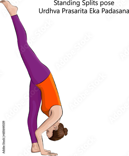 Young woman doing yoga Urdhva Prasarita Eka Padasana. Standing Splits pose. Intermediate Difficulty. Isolated vector illustration. photo