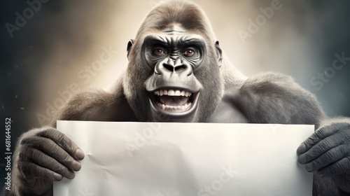 Portrait of a gorilla with blank banner. Copy-space.