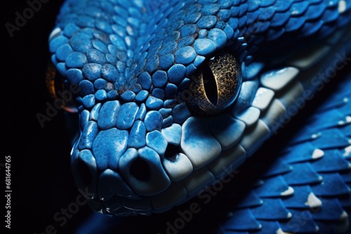 Close-up of the eye of a blue snake on a black background, Blue viper snake closeup face, AI Generated photo