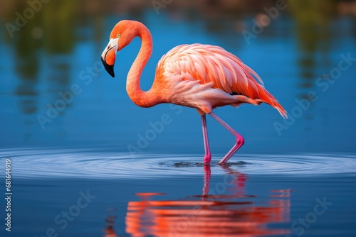 Greater flamingo Phoenicopterus ruber  Caribbean flamingo standing in water with reflection  Cuba  AI Generated
