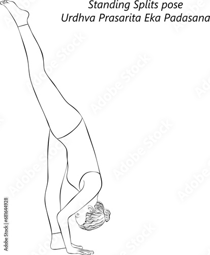 Sketch of young woman doing yoga Urdhva Prasarita Eka Padasana. Standing Splits pose. Isolated vector illustration. photo
