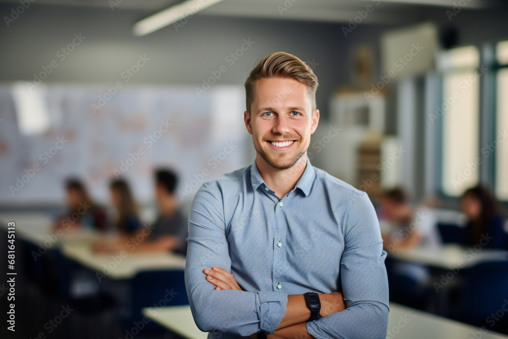 Fototapeta premium Portrait of a smiling 30-year-old man teacher in a modern bright classroom, generated ai