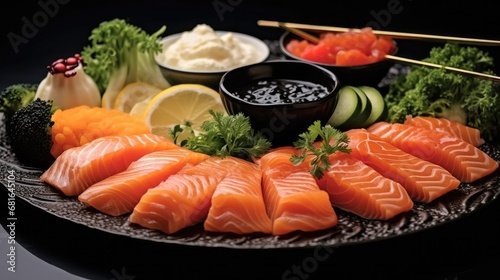 Salmon, Appetiser platter with salmon and black caviar and sliced fresh vegetables, Luxury food.