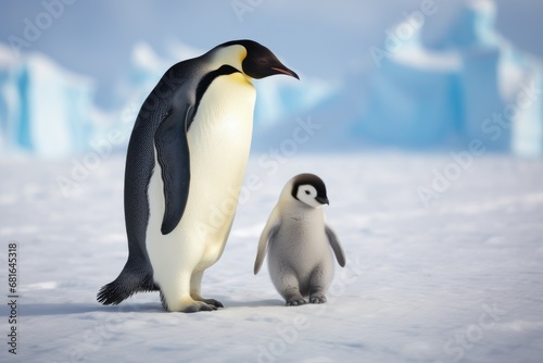 Emperor penguin and baby penguin on the ice  Antarctica  Emperor penguin walk on snow  AI Generated