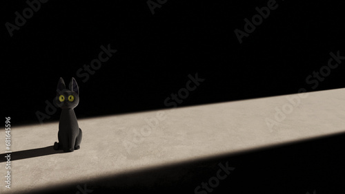 Realistic 3D Rendering of a Black Cat with Big Eyes Standing in a Dark Room Illuminated by Bright Ray of Light