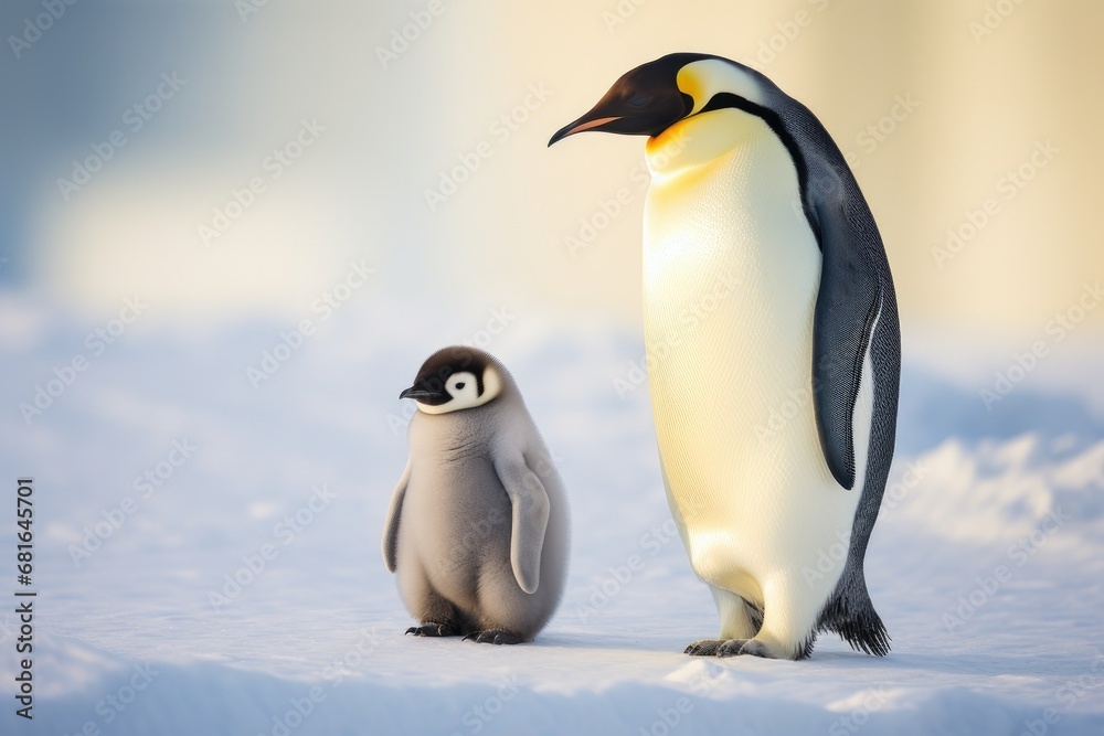 Fototapeta premium Emperor penguin Pygoscelis patagonicus and chick, Emperor penguin walk on snow, AI Generated