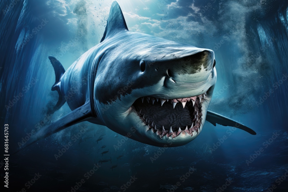 Obraz premium Great White Shark in deep blue ocean. 3D render of a great white shark, Encounter the terrifying presence of a massive killer shark lurking beneath the sea or ocean, AI Generated