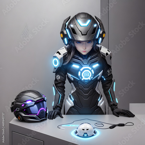 Cyborg woman sitting in front of a table with helmet and mouse