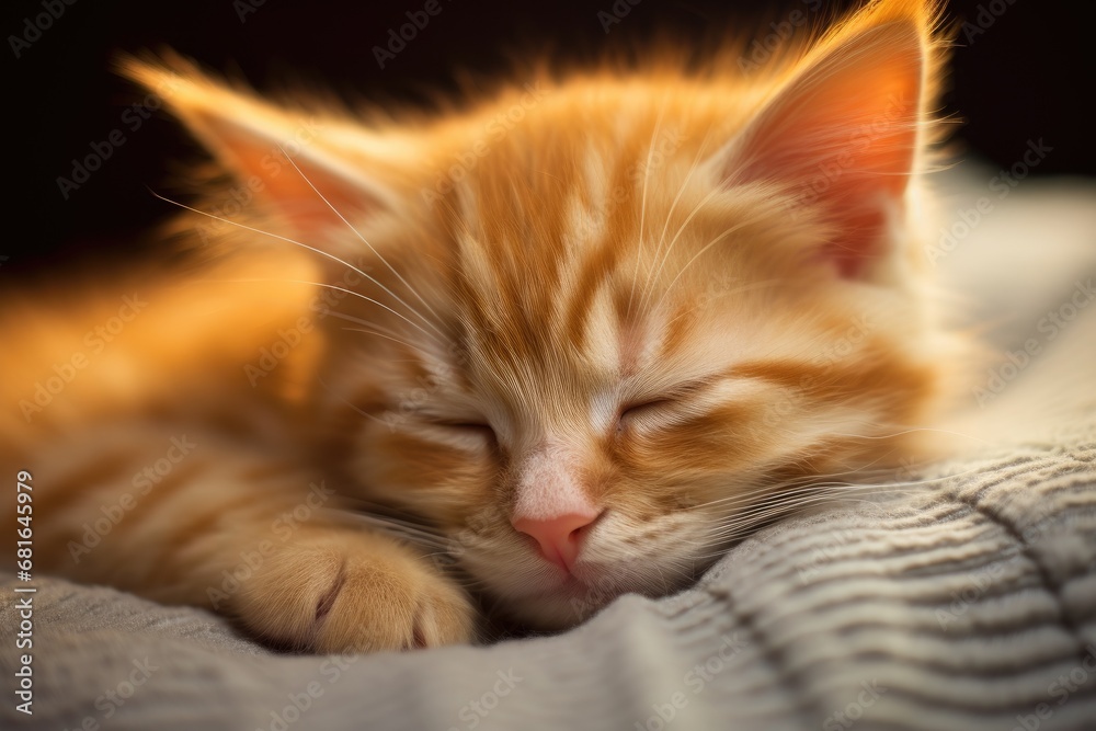 Cute little ginger kitten sleeping on the bed. Shallow depth of field, Gigner kitten sleeping, AI Generated Cute little ginger kitten sleeping on the bed. Shallow depth of field, Gigner kitten sleeping, AI Generated