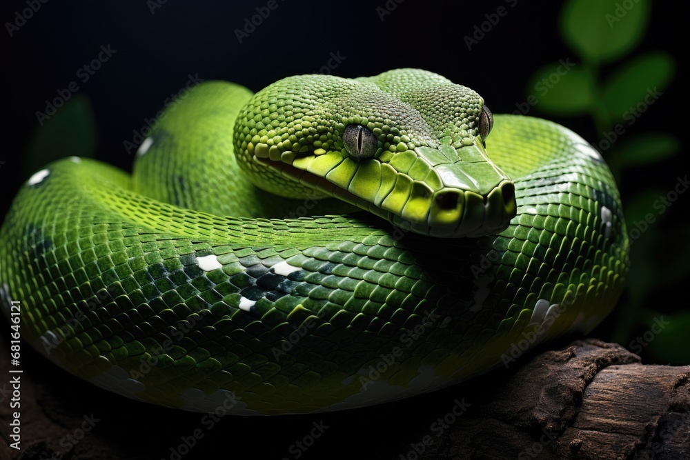 Green tree python Reticulated python on dark background, Green Python ...