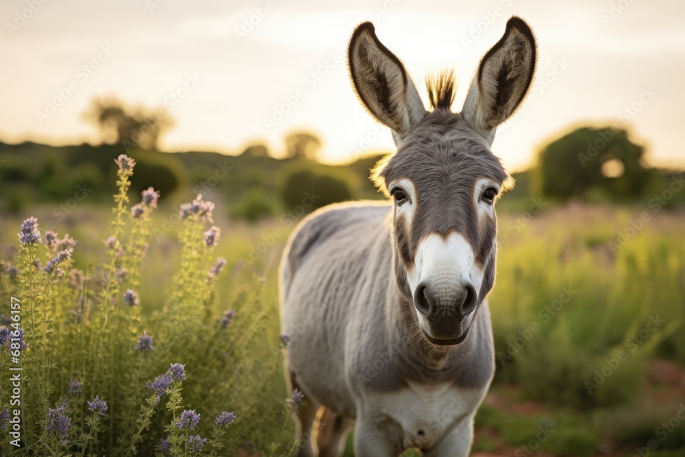 Donkey in the field at sunset. Animal in the wild, Grey donkey in field, AI Generated