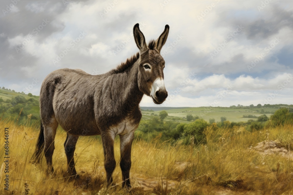 Donkey in the meadow with a cloudy sky in the background, Grey donkey in field, AI Generated