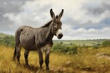 Donkey in the meadow with a cloudy sky in the background, Grey donkey in field, AI Generated