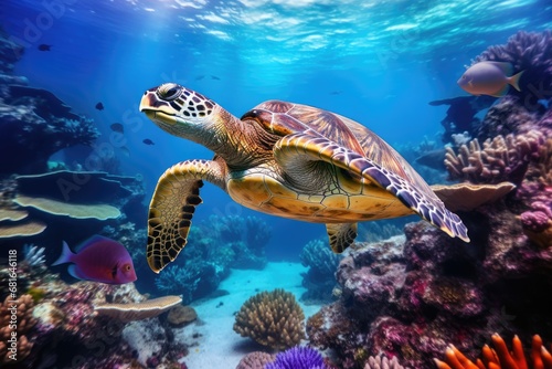 Hawaiian Green Sea Turtle Chelonia mydas swimming underwater, Green sea turtle swimming around colorful coral reef formations in the wild, AI Generated