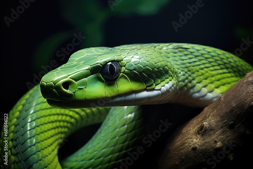 Green pit viper snake close-up on a dark background, Green ratsnake, Gonyosoma oxycephalum, AI Generated