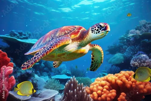 Green sea turtle on coral reef in the Red Sea. 3d rendering, Green sea turtle swimming around colorful coral reef formations in the wild, AI Generated