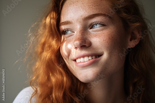 A cheerful, freckled teenager with a beaming smile reveals her spotted face in a close-up portrait, showcasing her naturally beautiful skin. © ckybe