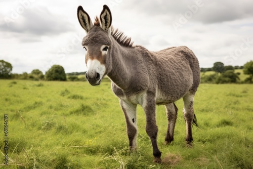 Portrait of a donkey in a field with green grass under a cloudy sky  Grey donkey in field  AI Generated