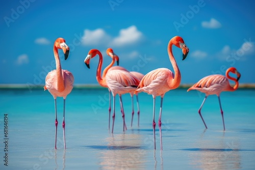 Flamingo in the blue water of the lake with reflection, Group birds of pink african flamingos walking around the blue lagoon on a sunny day, AI Generated