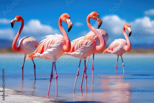 Pink flamingos in the caribbean sea, Camargue, France, Group birds of pink african flamingos walking around the blue lagoon on a sunny day, AI Generated