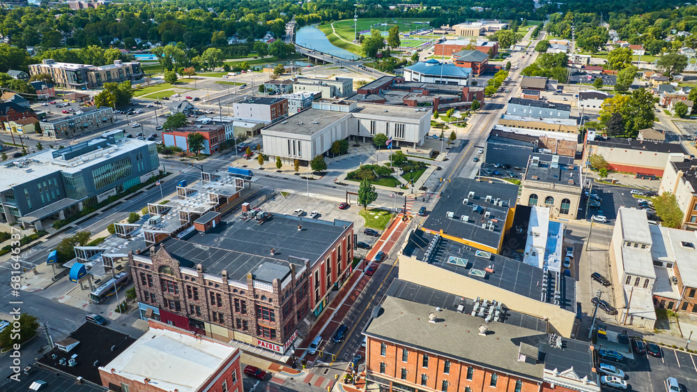 Downtown aerial Muncie, IN buildings on bright, sunny summer day, Midwest city