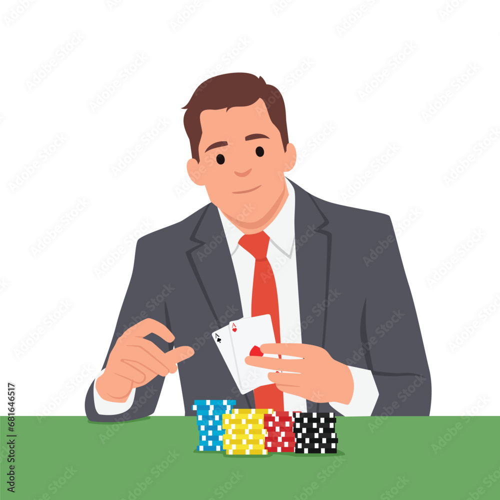 Young businessman wearing suit Playing poker. Flat vector illustration isolated on white background Young businessman wearing suit Playing poker. Flat vector illustration isolated on white background