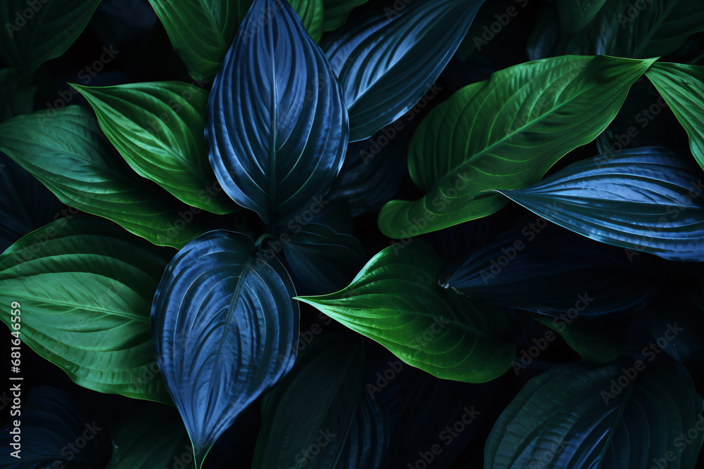 A vivid botanical backdrop of brilliant blue-green Spathiphyllum cannifolium leaves in a tropical forest sets a theatrical desktop wallpaper.