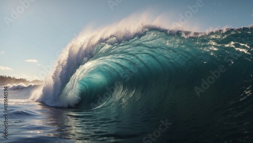 Powerful waves crash against rocky shore under blue sky  © noah