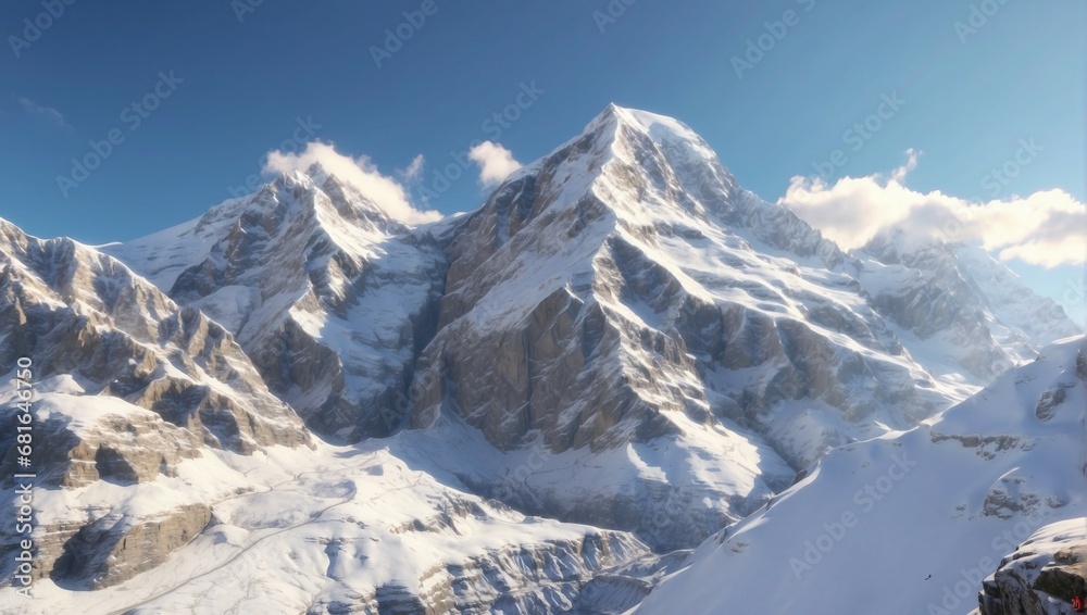 Panoramic Winter Landscape with Snowcapped Mountains and Scenic Ridge
