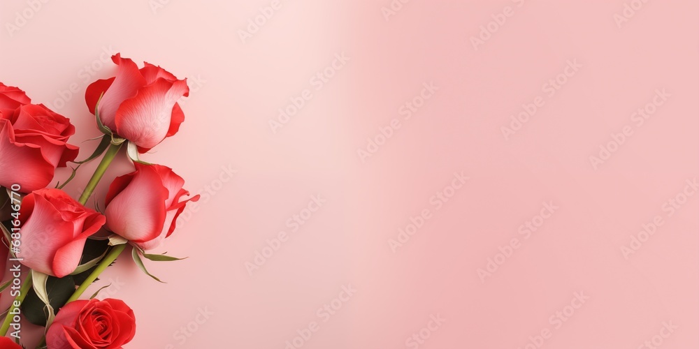Valentine's Day design concept background with pink and red rose flower on pink table background, Valentines, Spring or Mothers day, generative ai - obrazy, fototapety, plakaty 