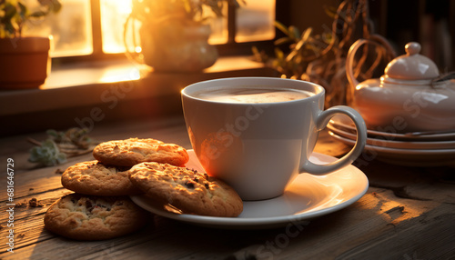 Homemade coffee break hot cappuccino, chocolate cookie, rustic table generated by AI