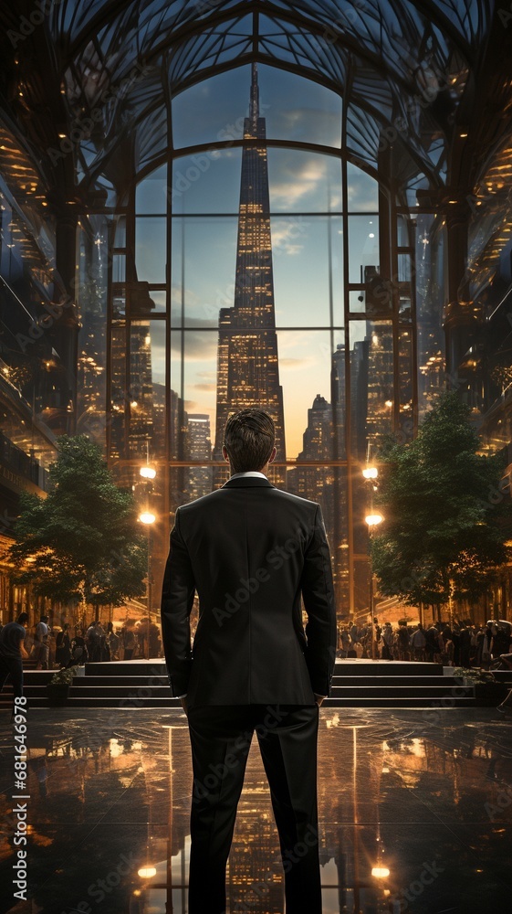 An image shows a businessman standing in front of a skyscraper from behind .
