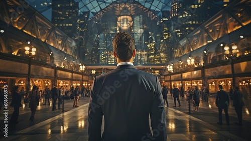 An image shows a businessman standing in front of a skyscraper from behind .