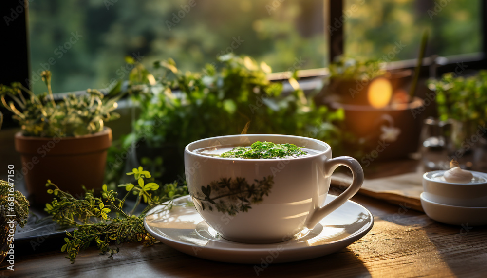Fresh coffee in a wooden cup, nature perfect morning drink generated by AI Fresh coffee in a wooden cup, nature perfect morning drink generated by AI