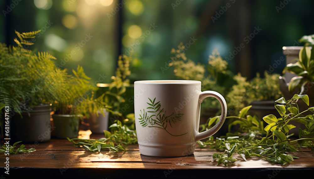 Fresh coffee in a green mug on a wooden table generated by AI