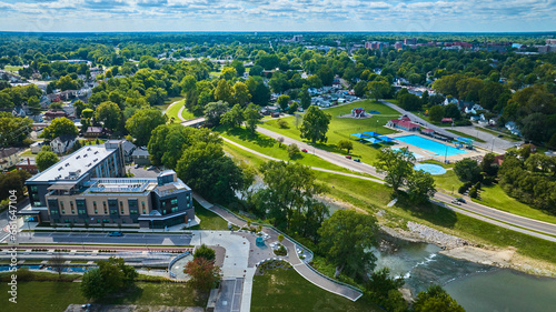 Apartment complex, Muncie, IN with Tuhey Pool on opposite side of White River aerial photo