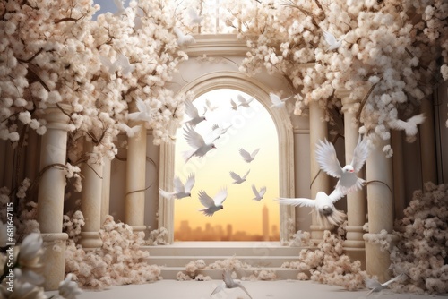 Wedding background with real trees and flowers with white birds as a digital backdrop, Wedding ceremony decoration.