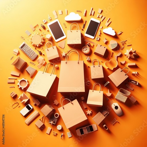 Vibrant orange shopping and technology collage with paper bags, gadgets, and office supplies in a circular arrangement