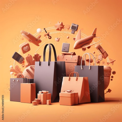 A bunch of different shopping bags in orange and black. Also floating around them are a mobile phone, an airplane, a suitcase and more. The background is orange.