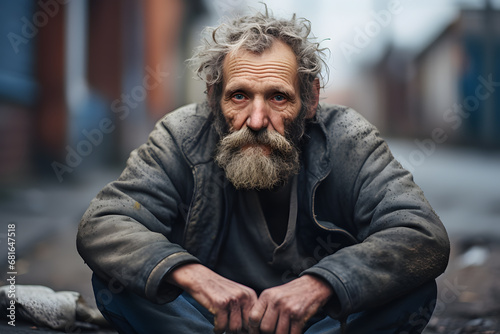 Old homeless man in dirty clothes in street