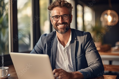 Businessman working from home having a business meeting, Happy expression.