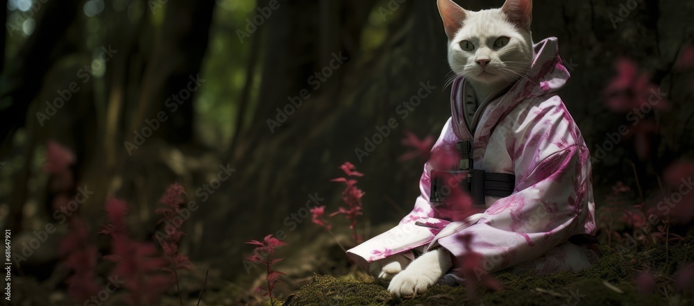 A Fashionable Feline in a Stylish Pink and White Ensemble