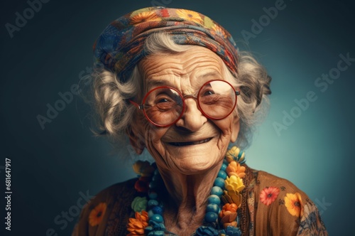 Stylish elderly smiling happy grandmother glasses. Funny age positive smile. Generate Ai